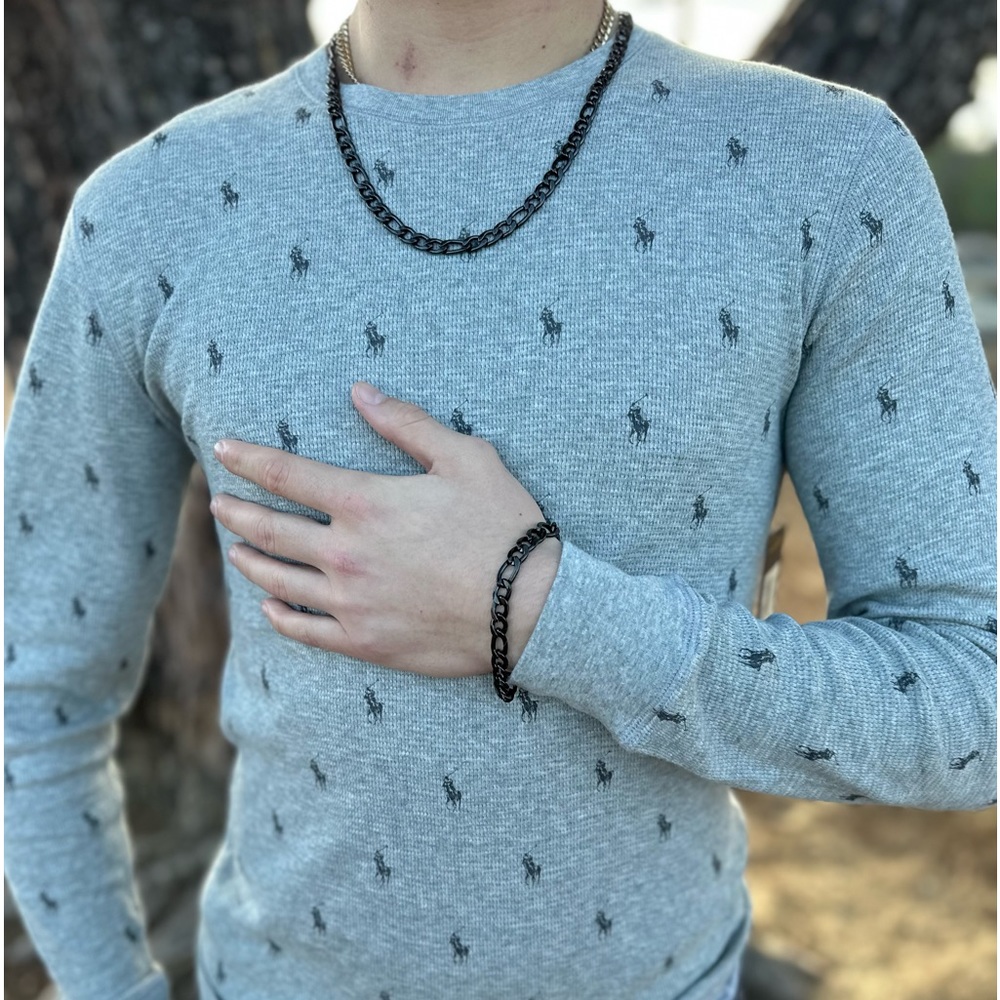 $150 ANTHONY JACOBS BLACK DOUBLE CHAIN NECKLACE BRACELET MATCHING SET LINK MEN X